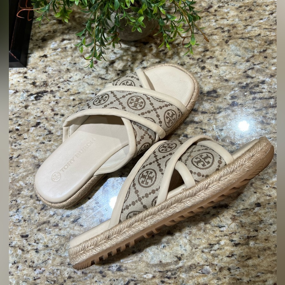 Tory Burch T Monogram Crossband Espadrille Sandals 8M - Picture 2 of 12